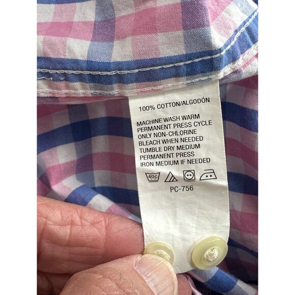 IZOD Mens Sz L Short Sleeve Button Down Shirt Blue Pink White Plaid 100% Cotton - Picture 10 of 11